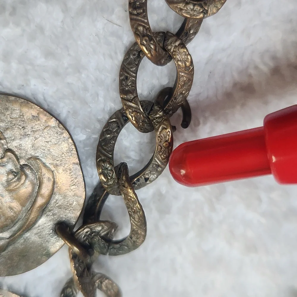 Vintage Coin Charm Bracelet Hercules Medallion Brass Tone Ornate‎ Chain AS IS